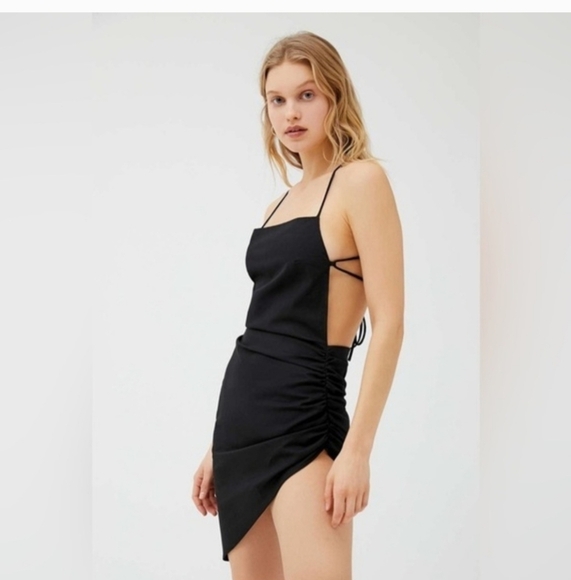 NWT LIONESS "VIVIEN" BLACK RUCHED ASYMMETRICAL LINEN BLEND DRESS SZ6 - Picture 1 of 16